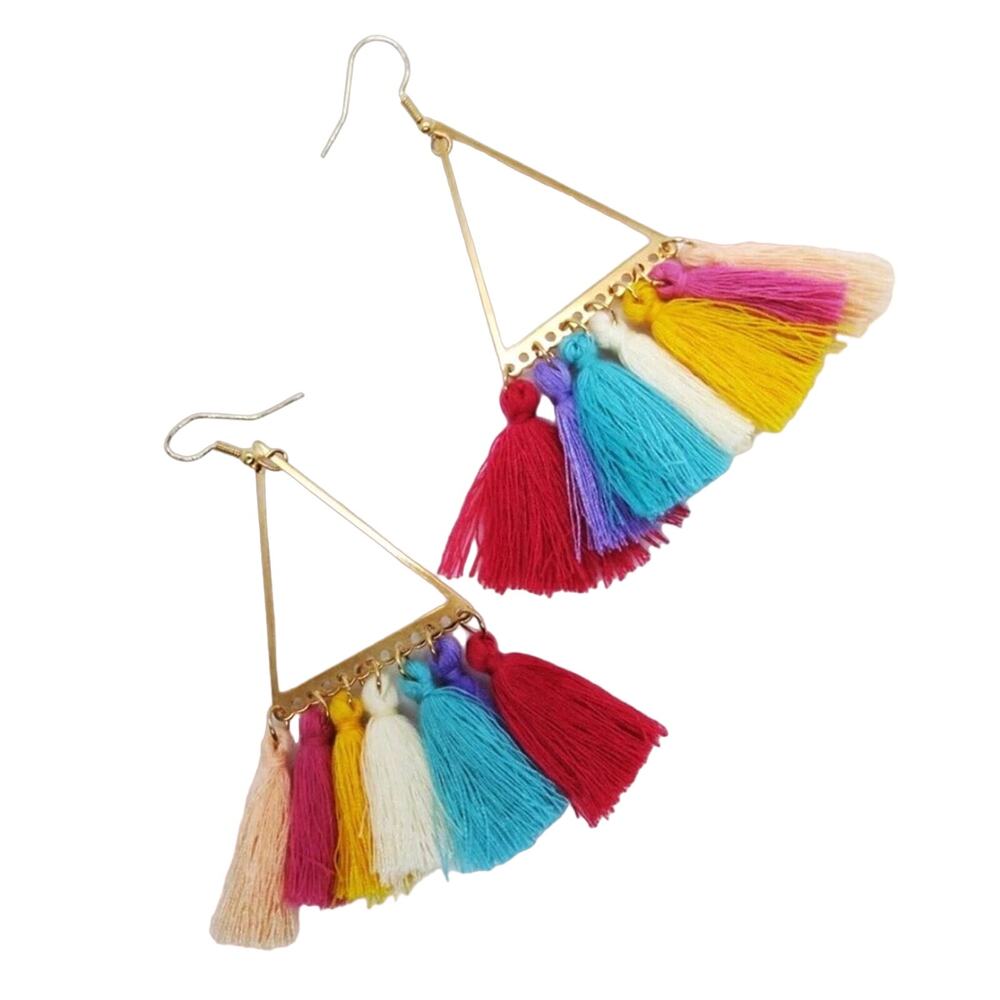 Francesca's Boho Triangle Multicolor Tassel Earrings Festival Rainbow Gold